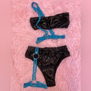 Black & Blue, High-Waisted, Two-Piece, Cyber Punk Rave Outfit - Small S